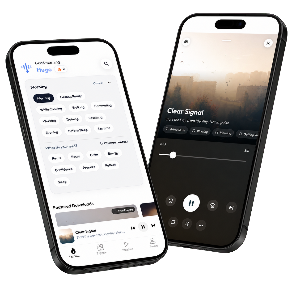 Downloads app shown on two black iPhones, from choosing a context to playing a focused session
